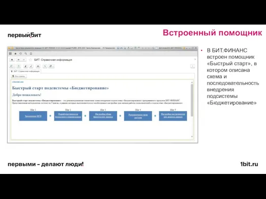 Встроенный помощник В БИТ.ФИНАНС встроен помощник «Быстрый старт», в котором описана