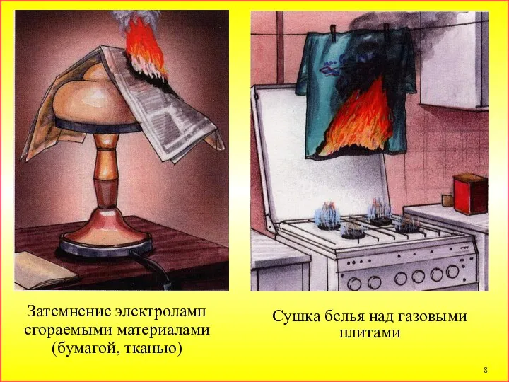 Затемнение электроламп сгораемыми материалами (бумагой, тканью) Сушка белья над газовыми плитами