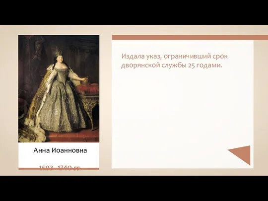 Издала указ, ограничивший срок дворянской службы 25 годами. Анна Иоанновна 1693–1740 гг.