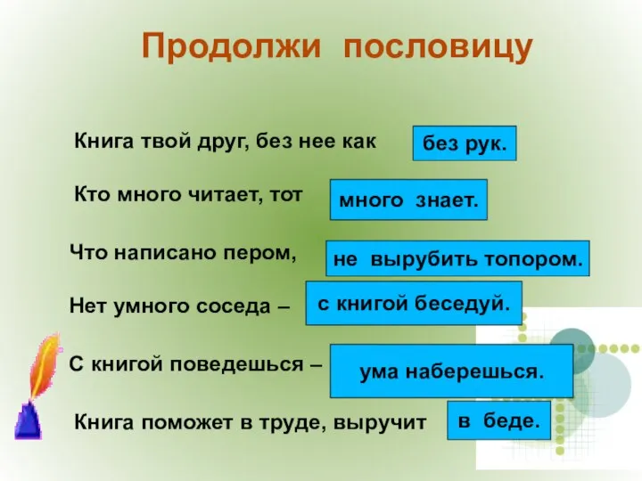 Продолжи пословицу Книга твой друг, без нее как без рук. Кто