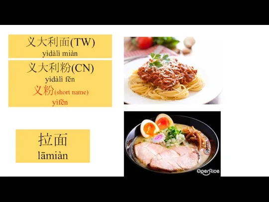 义大利面(TW) yìdàlì miàn 拉面 lāmiàn 义大利粉(CN) yìdàlì fěn 义粉(short name) yìfěn