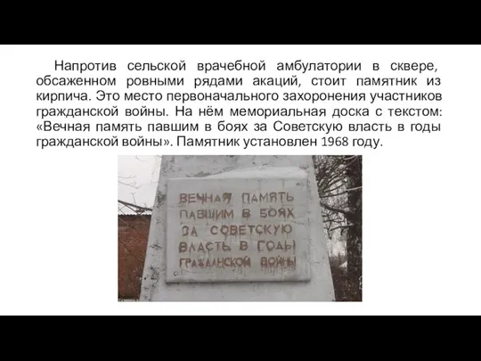 Напротив сельской врачебной амбулатории в сквере, обсаженном ровными рядами акаций, стоит