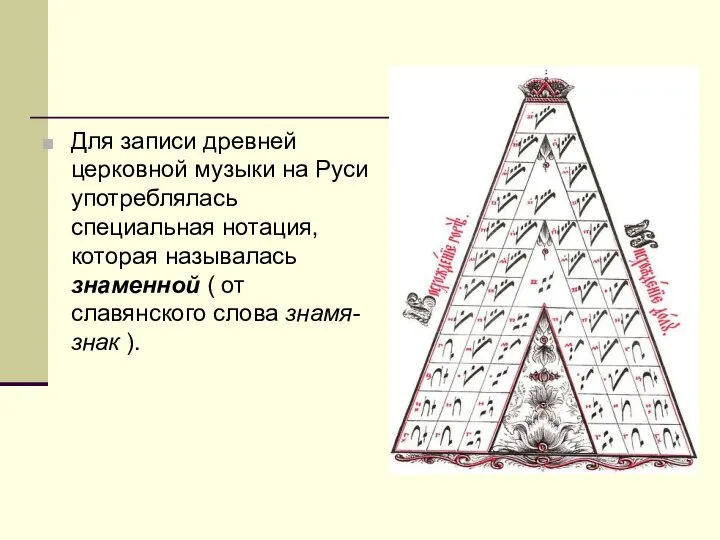 Для записи древней церковной музыки на Руси употреблялась специальная нотация, которая