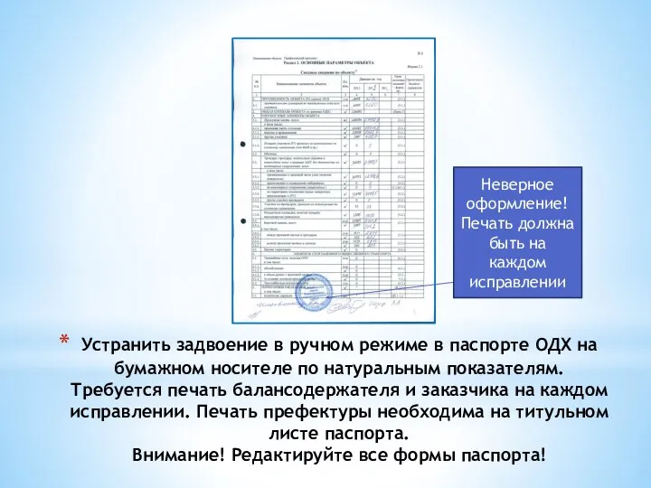 Устранить задвоение в ручном режиме в паспорте ОДХ на бумажном носителе