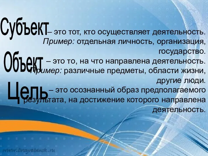 – это тот, кто осуществляет деятельность. Пример: отдельная личность, организация, государство.