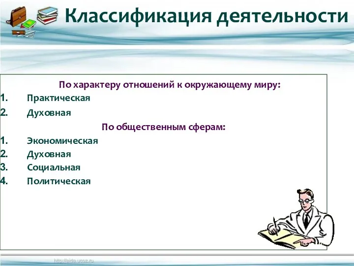 По характеру отношений к окружающему миру: Практическая Духовная По общественным сферам: