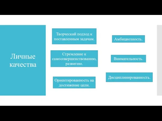 Личные качества Отрицательные Амбициозность. Внимательность. Дисциплинированность. Ориентированность на достижение цели. Стремление