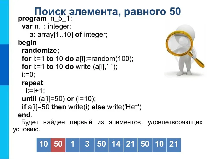 Поиск элемента, равного 50 program n_5_1; var n, i: integer; a: