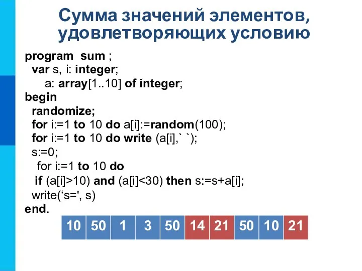 Сумма значений элементов, удовлетворяющих условию program sum ; var s, i: