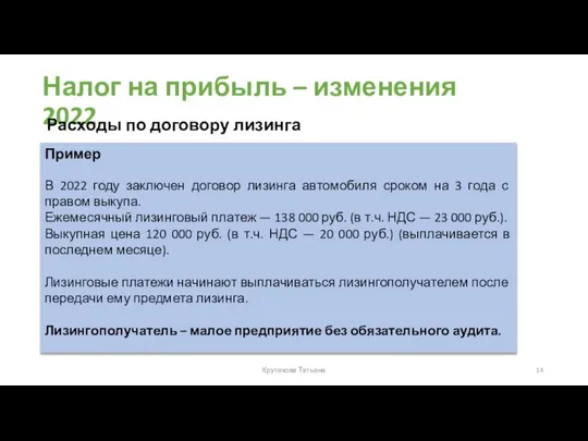 Налог на прибыль – изменения 2022 Расходы по договору лизинга Крутякова