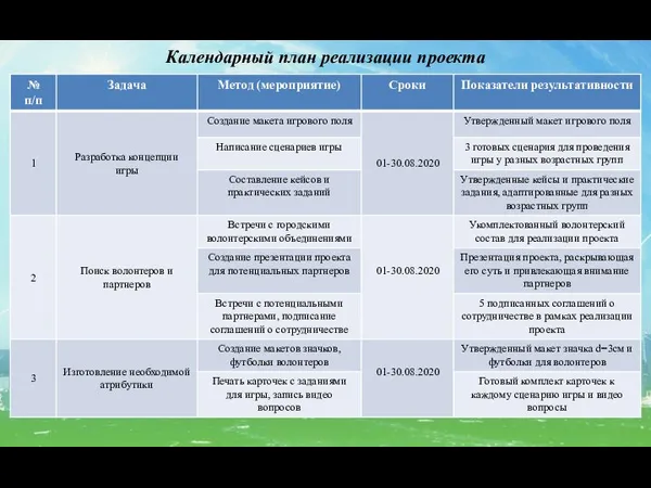 Календарный план реализации проекта