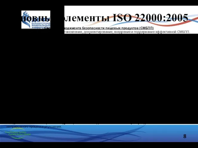 Основные элементы ISO 22000:2005 Система менеджмента безопасности пищевых продуктов (СМБПП) В