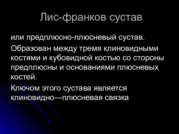 Лис-франков сустав или предплюсно-плюсневый сустав. Образован между тремя клиновидными костями и