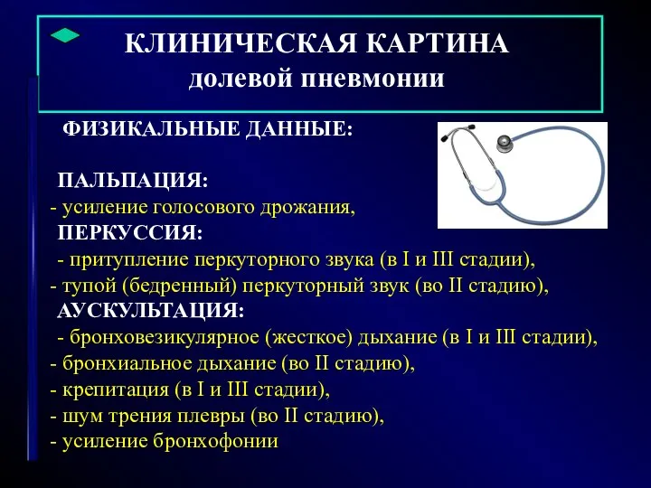 КЛИНИЧЕСКАЯ КАРТИНА долевой пневмонии ФИЗИКАЛЬНЫЕ ДАННЫЕ: ПАЛЬПАЦИЯ: усиление голосового дрожания, ПЕРКУССИЯ: