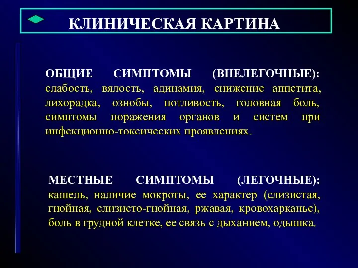 КЛИНИЧЕСКАЯ КАРТИНА ОБЩИЕ СИМПТОМЫ (ВНЕЛЕГОЧНЫЕ): слабость, вялость, адинамия, снижение аппетита, лихорадка,