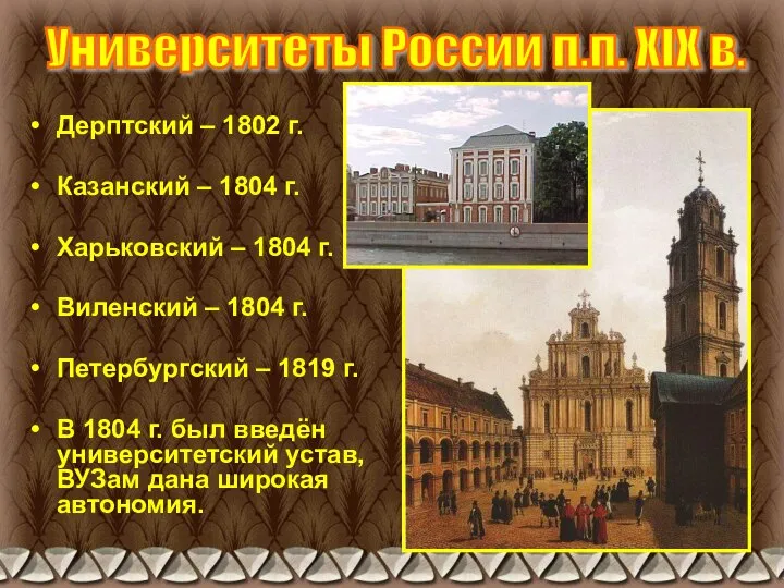 Университеты России п.п. XIX в. Дерптский – 1802 г. Казанский –
