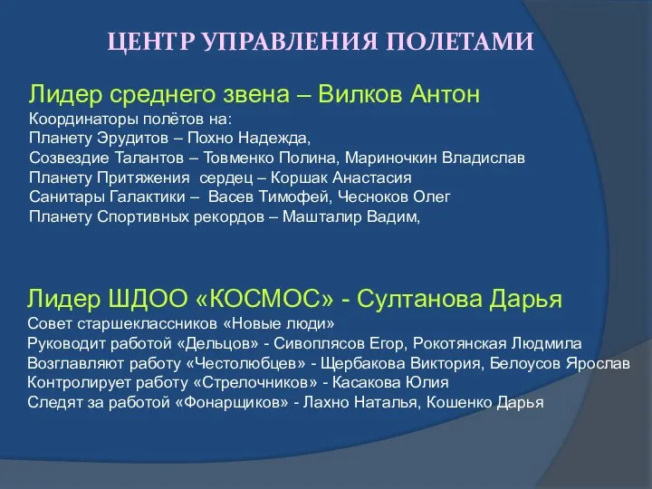 ЦЕНТР УПРАВЛЕНИЯ ПОЛЕТАМИ Лидер среднего звена – Вилков Антон Координаторы полётов