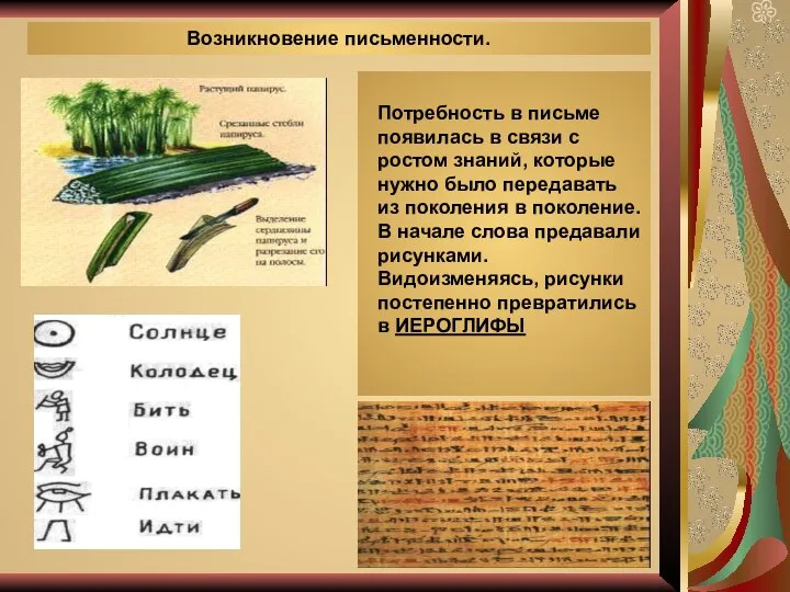 Возникновение письменности. Потребность в письме появилась в связи с ростом знаний,