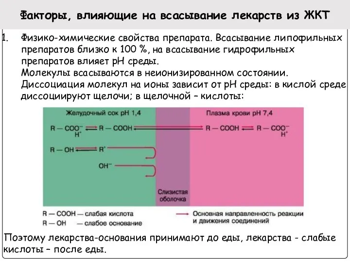 Факторы, влияющие на всасывание лекарств из ЖКТ Физико-химические свойства препарата. Всасывание