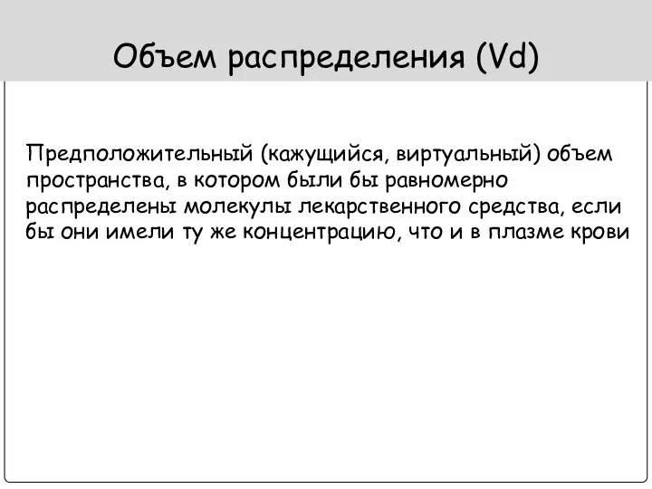 Объем распределения (Vd) Предположительный (кажущийся, виртуальный) объем пространства, в котором были