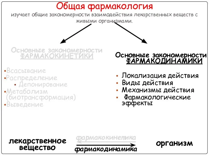 Основные закономерности ФАРМАКОКИНЕТИКИ Всасывание Распределение Депонирование Метаболизм (биотрансформация) Выведение Основные закономерности