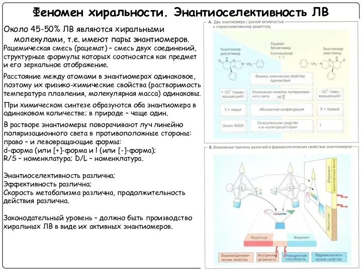 Феномен хиральности. Энантиоселективность ЛВ Около 45-50% ЛВ являются хиральными молекулами, т.е.