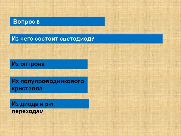 Вопрос 8 Из чего состоит светодиод? Из оптрона Из полупроводникового кристалла Из диода и p-n переходам