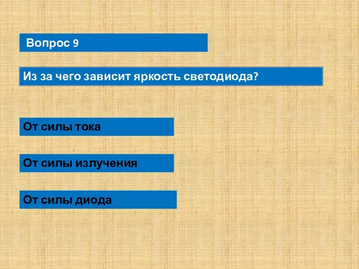 Вопрос 9 Из за чего зависит яркость светодиода? От силы тока