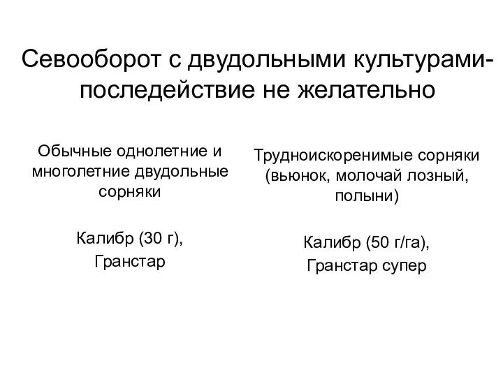 Севооборот с двудольными культурами- последействие не желательно Обычные однолетние и многолетние