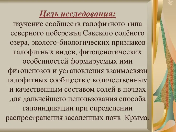 Цель исследования: изучение сообществ галофитного типа северного побережья Сакского солёного озера,