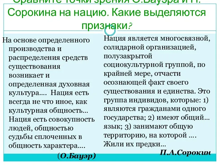 Сравните точки зрения О.Бауэра и П.Сорокина на нацию. Какие выделяются признаки?