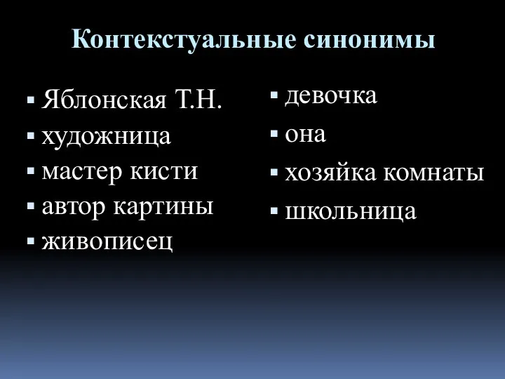 Контекстуальные синонимы Яблонская Т.Н. художница мастер кисти автор картины живописец девочка она хозяйка комнаты школьница