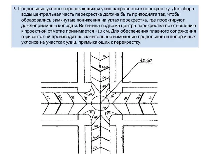 5. Продольные уклоны пересекающихся улиц направлены к перекрестку. Для сбора воды