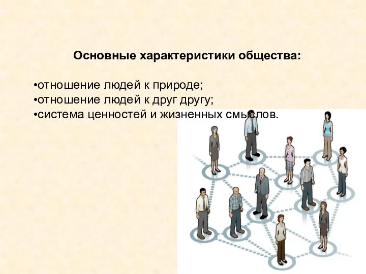 Основные характеристики общества: отношение людей к природе; отношение людей к друг