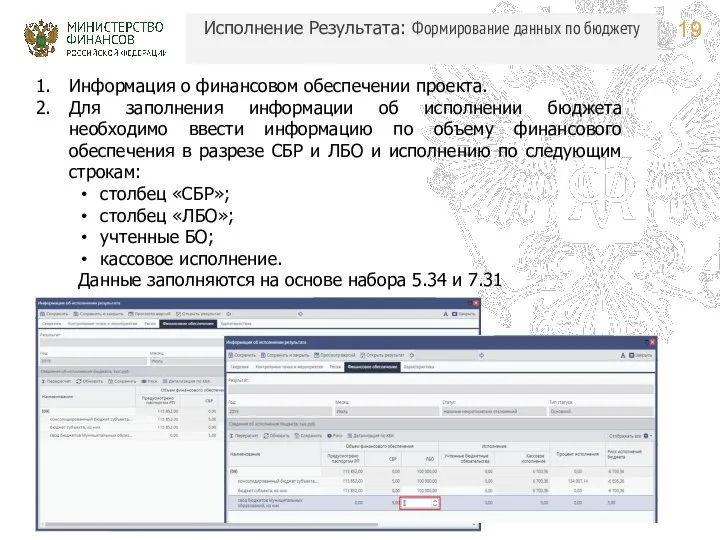 Исполнение Результата: Формирование данных по бюджету Информация о финансовом обеспечении проекта.