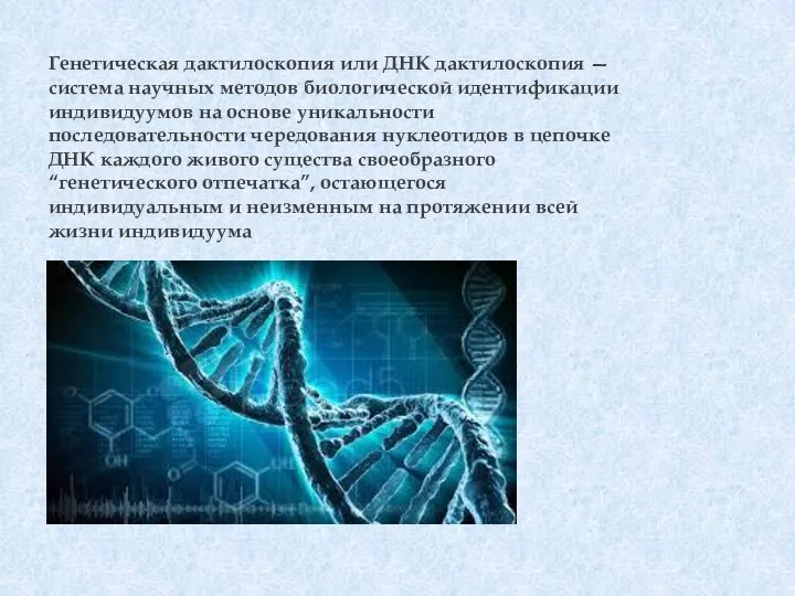 Генетическая дактилоскопия или ДНК дактилоскопия — система научных методов биологической идентификации