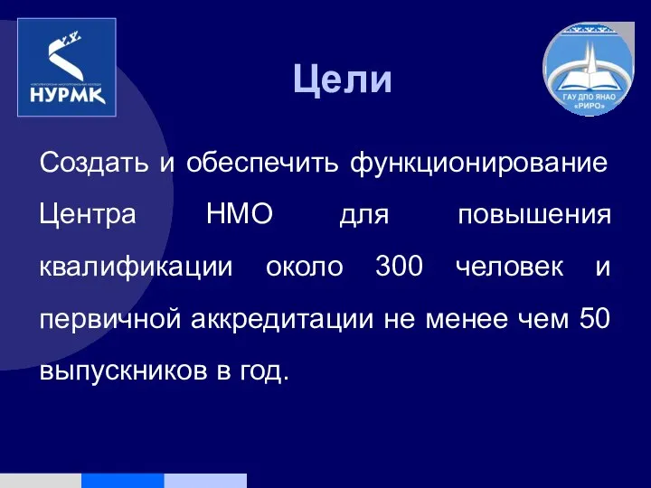 Цели Создать и обеспечить функционирование Центра НМО для повышения квалификации около