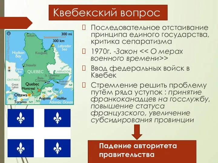 Квебекский вопрос Последовательное отстаивание принципа единого государства, критика сепаратизма 1970г. -Закон