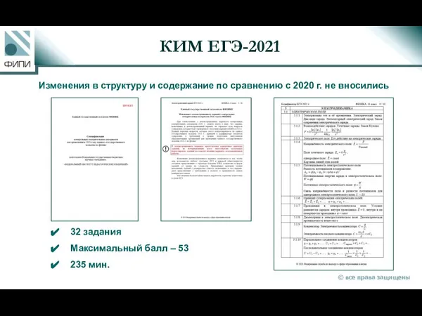 КИМ ЕГЭ-2021 32 задания Максимальный балл – 53 235 мин. Изменения