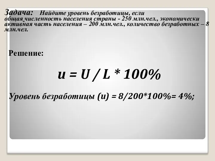 Задача: Найдите уровень безработицы, если общая численность населения страны - 250