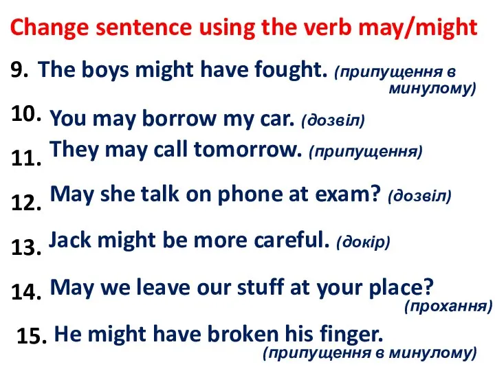 Change sentence using the verb may/might 9. The boys were close