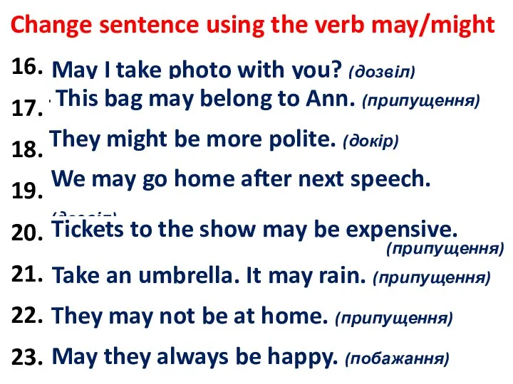 Change sentence using the verb may/might 16. Do you mind I