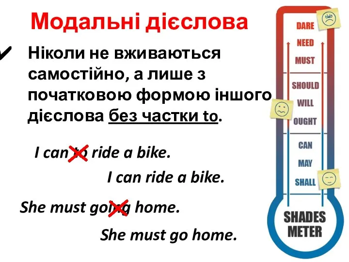 Модальні дієслова Ніколи не вживаються самостійно, а лише з початковою формою