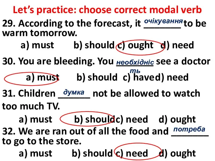 Let’s practice: choose correct modal verb 29. According to the forecast,