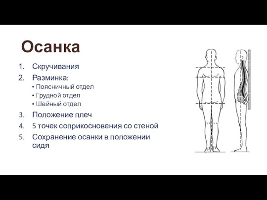 Осанка Скручивания Разминка: Поясничный отдел Грудной отдел Шейный отдел Положение плеч