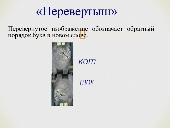 «Перевертыш» Перевернутое изображение обозначает обратный порядок букв в новом слове. кот ток