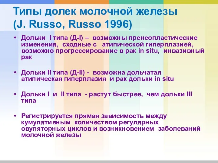 Типы долек молочной железы (J. Russo, Russo 1996) Дольки I типа