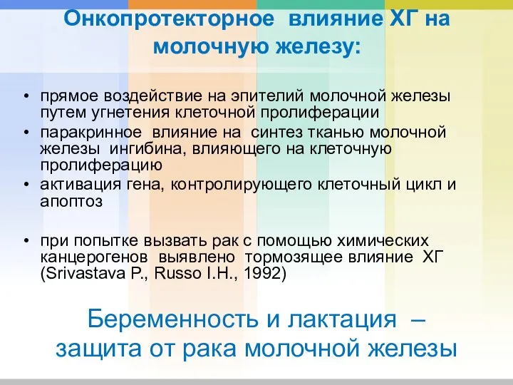 Онкопротекторное влияние ХГ на молочную железу: прямое воздействие на эпителий молочной