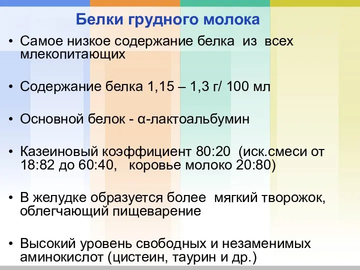 Белки грудного молока Самое низкое содержание белка из всех млекопитающих Содержание