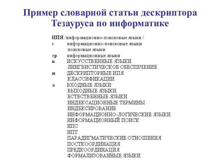 Пример словарной статьи дескриптора Тезауруса по информатике